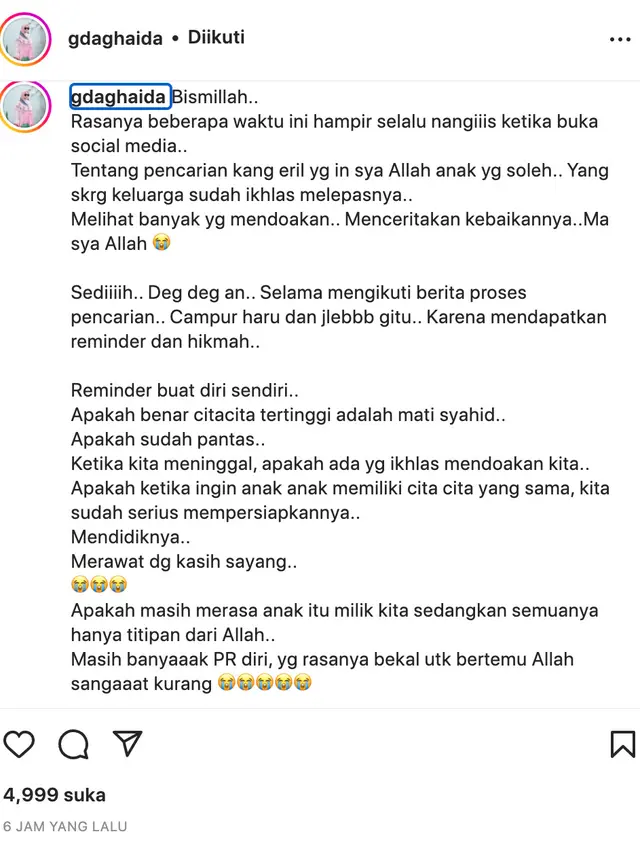 Unggahan Ghaida Tsurayya soal Eril anak Ridwan Kamil. (Foto: Dok. Instagram @gdaghaida)