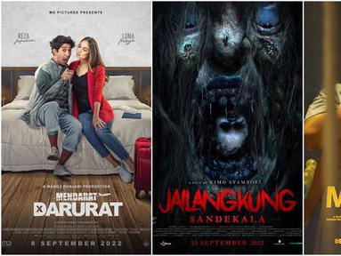 Sejumlah film Indonesia siap menyapa para pecintanya di bioskop pada bulan September 2022. Berbagai genre film telah antre untuk tayang, mulai dari drama keluarga hingga horor. Di antaranya ada Mendarat Darurat, Jailangkung: Sandekala, dan Miracle in Cell No.7. (Instagram/filmmendaratdarurat/filmjailangkung2022/hanungbramantyo)