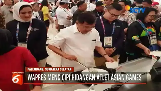 Wapres Jusuf Kalla tinjau pelaksanaan Asian Games di Palembang. Dalam kunjungannya, JK menjajal LRT dan mencicipi makanan yang disajikan bagi para atlet.
