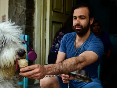 Seekor anjing bernama Tsuki menjilati es krim yang diberikan oleh pemiliknya di sebuah kedai es krim khusus anjing di Mexico City, ibu kota Meksiko, Minggu (9/4). Es krim di toko ini, telah didesain khusus menjadi makanan anjing. (RONALDO SCHEMIDT/AFP)