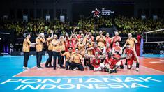 Bhayangkara Presisi berhasil memetik kemenangan dalam pertandingan pembuka AVC Men’s Volleyball Champions League 2026 melawan Zhaiyk di GOR Terpadu A. Yani, pada Rabu (13/5/2026). (Dok. PBVSI)