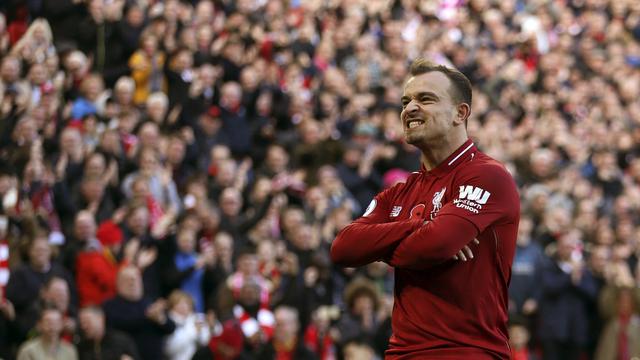 Selebrasi Xherdan Shaqiri saat Liverpool kalahkan Fulham di Liga Inggris