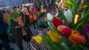 Seorang wanita berpose dengan tulip yang dipetik pada Hari Bunga Tulip Nasional di Dam Square, Amsterdam pada 19 Januari 2019. Sebanyak 200ribu bunga tulip berbagai warna dirancang khusus untuk momentum ini.  (AP/Peter Dejong)