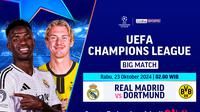 Jadwal siaran langsung big match Liga Champion 2024/25 Real Madrid vs Dortmund pada matchweek 3 di Vidio. (sum. doc. vidio.com)