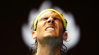 Ekspresi petenis Spanyol, Rafael Nadal, saat bertanding melawan rekannya, Fernando Verdasco, dalam babak pertama turnamen tenis Australia Terbuka 2016 di Melbourne Park, Australia, (19/1/2016). (Reuters/Thomas Peter)