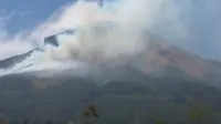 Asap masih tebal mengepul dari lereng gunung Sindoro, akibat padang savana yang terbakar. (foto: Liputan6.com/felek wahyu)