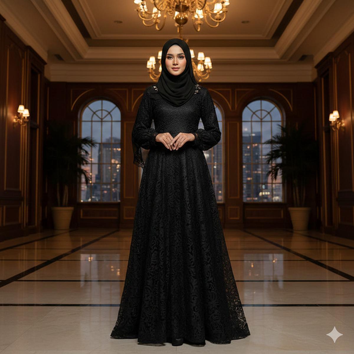 8 Model Gamis Hitam Syar'i dengan Kombinasi Lace 2025, Menawan untuk Acara Formal