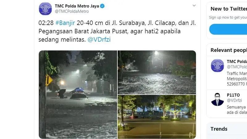 Jakarta banjir usai diguyur hujan deras pada Minggu (23/2/2020) dini hari. (Twitter TMC Polda Metro Jaya)