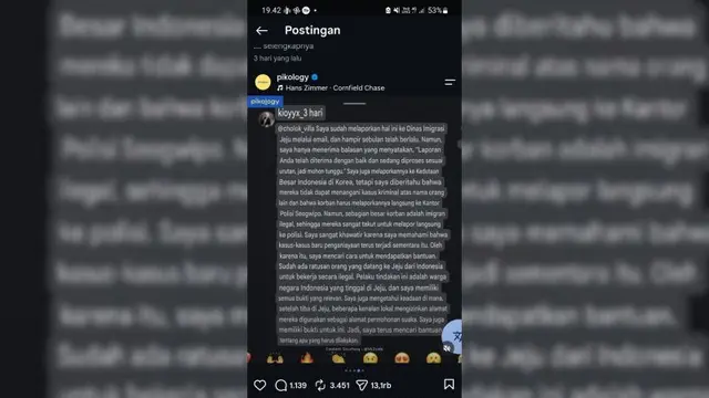 Tangkapan layar unggahan WNI yang melaporkan dugaan tindak pidana perdagangan orang (TPPO) di Jeju, Korea Selatan. (Dok. Antara)