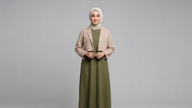 Gamis Polos Maxi Loose dengan Blazer Tanpa Kancing Crop