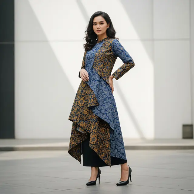 Model Tunik Batik Panjang dengan Detail Asimetris Modern