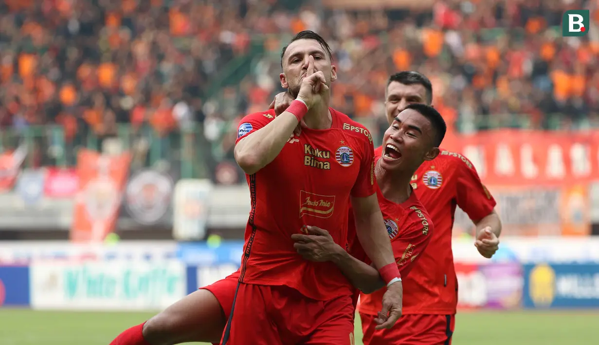<p>Selebrasi pemain Persija Jakarta, Marko Simic setelah menjebol gawang Persib Bandung pada laga pekan ke-11 BRI Liga 1 2023/2024 di Stadion Patriot Candrabhaga, Bekasi, Sabtu (2/9/2023). (Bola.com/Ikhwan Yanuar)</p>