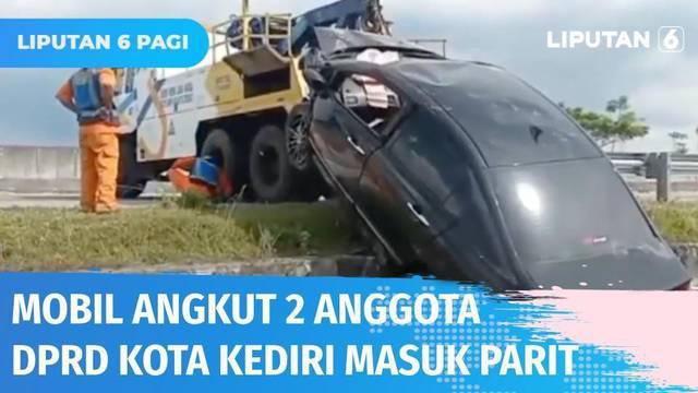 Sebuah mobil sedan yang ditumpangi dua anggota DPRD Kota Kediri terperosok ke parit usai menabrak pembatas jalan ruas Ngawi Kertosono. Diduga pengemudi mengantuk saat berkendara. Korban mengalami luka-luka dan dilarikan ke RSUD Kota Caruban.