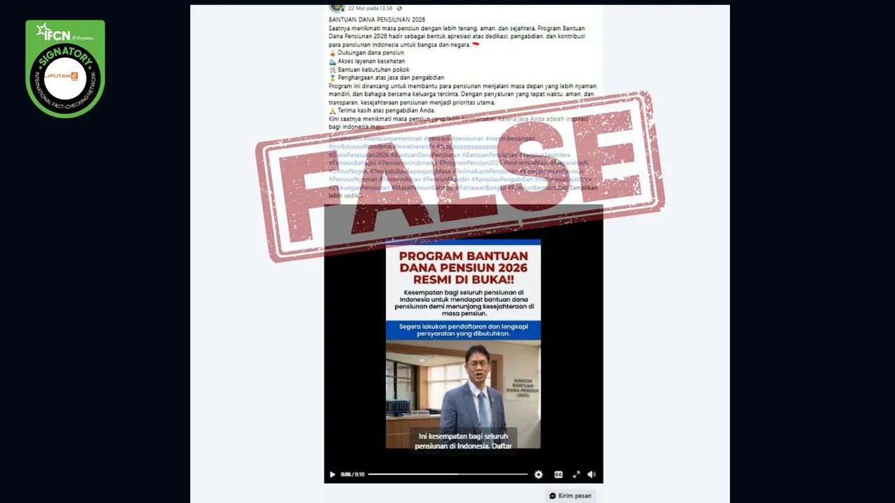 Tangkapan layar hoaks dengan klaim video Menkeu Purbaya umumkan program bantuan dana pensiun