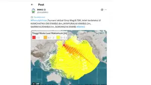BMKG melaporkan pemutakhiran tsunami terkini setelah gempa Rusia berkekuatan 8,7 magnitudo di Kamchatka, Rusia, Rabu pagi (30/7/2025) dan pada siang hari pukul 14:14 WIB, tsunami akibat gempa terdeteksi di Jayapura, Provinsi Papua.