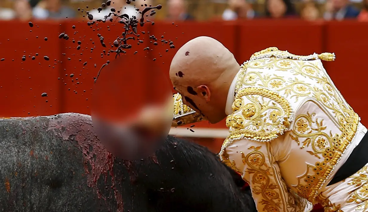 Javier Castano menusukkan pedang ke tubuh banteng saat pertarungan di arena The Maestranza, ibukota Andalusia, Seville, (17/4). Dalam pertarungan, Matador tersebut akhirnya membunuh banteng yang menjadi lawannya tersebut. (REUTERS / Marcelo del Pozo)