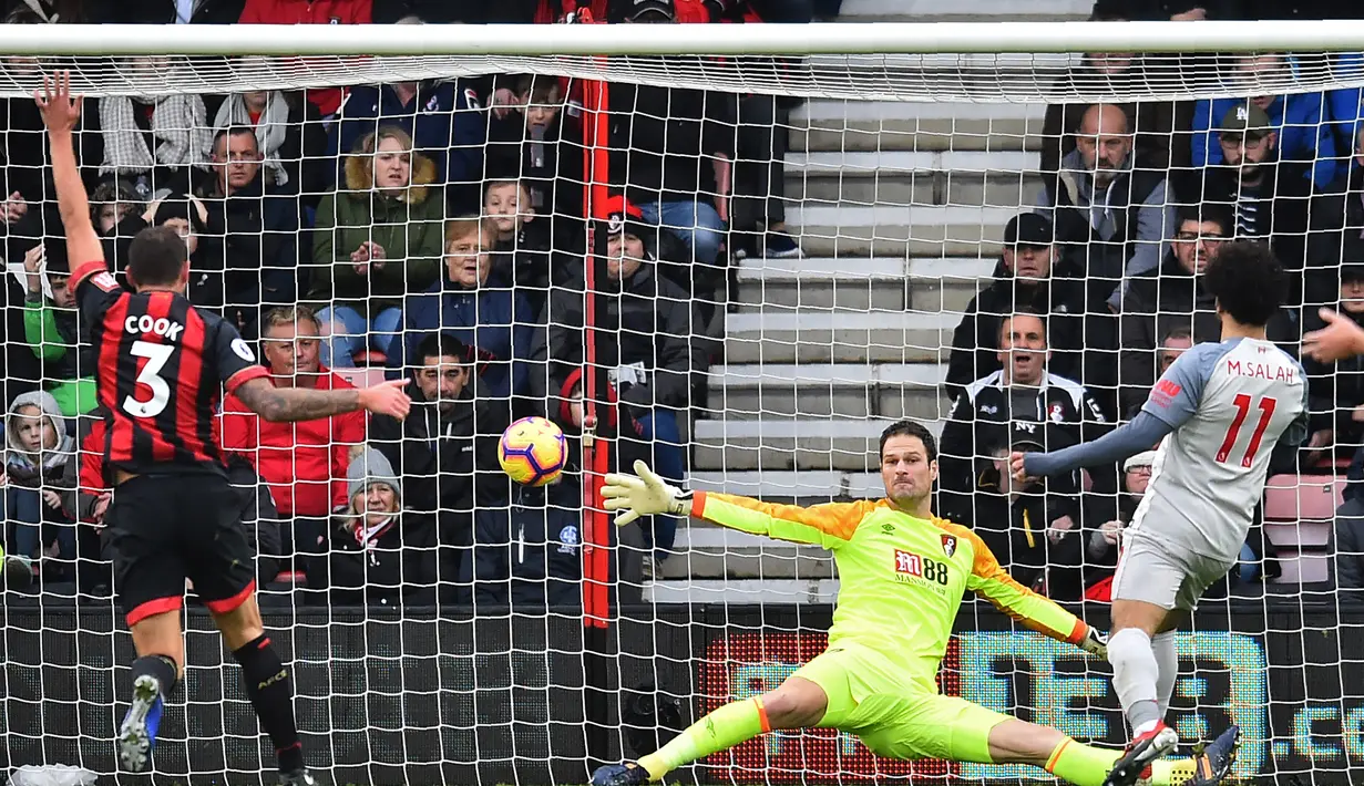 AFC Bournemouth. Mohamed salah mampu mencetak 8 gol dan 1 assist ke gawang AFC Bournemouth dari total 6 laga di semua ajang kompetisi. Dari 6 laga tersebut, Mohamed salah menyapu bersih 6 kemenangan untuk Liverpool. (AFP/Glyn Kirk)