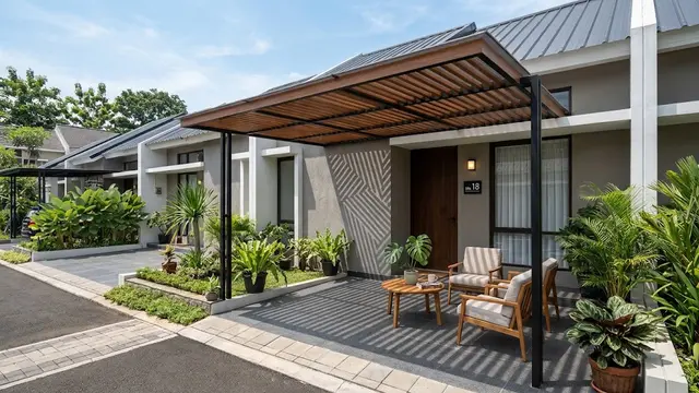 Teras Minimalis dengan Kanopi Kisi-Kisi dan Permainan Bayangan