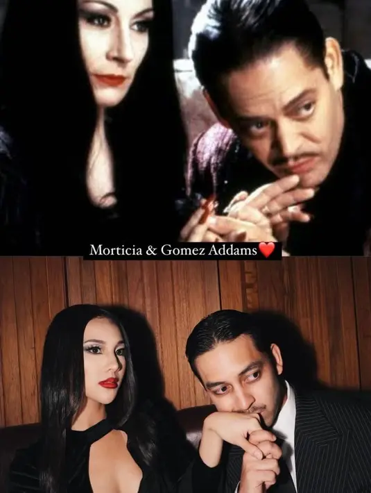 Tak kalah memukau, Anya Geraldine dan kekasih tampil serba hitam ala Morticia-Gomez Addams. [Instagram/anyagerakdine
