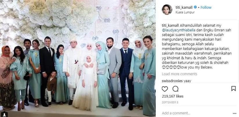 Titi Kamal saat menghadiri pernikahan Laudya Cynthia Bella di Kuala Lumpur, Malaysia (Instagram/@titi_kamal)