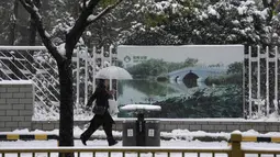 Warga berjalan melewati papan reklame taman yang menunjukkan waktu musim panas saat salju turun di Beijing, Minggu (7/11/2021). Badai salju awal musim telah menyelimuti sebagian besar China utara termasuk ibu kota Beijing, mendorong penutupan jalan dan pembatalan penerbangan. (AP Photo/Ng Han Guan)