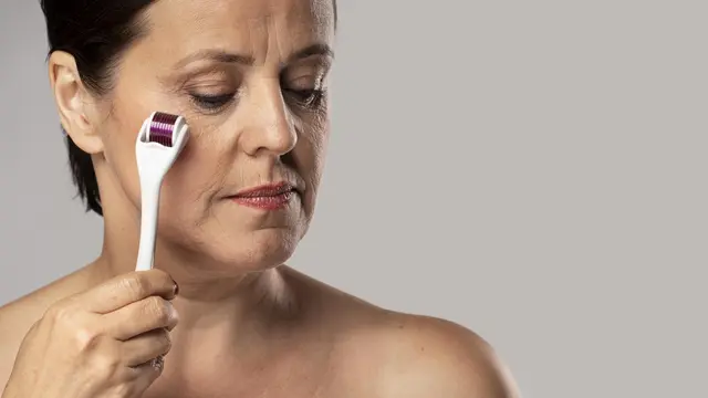 Seorang perempuan menggunakan dermaroller untuk kulit wajahnya (Foto Dok: Freepik/freepik)