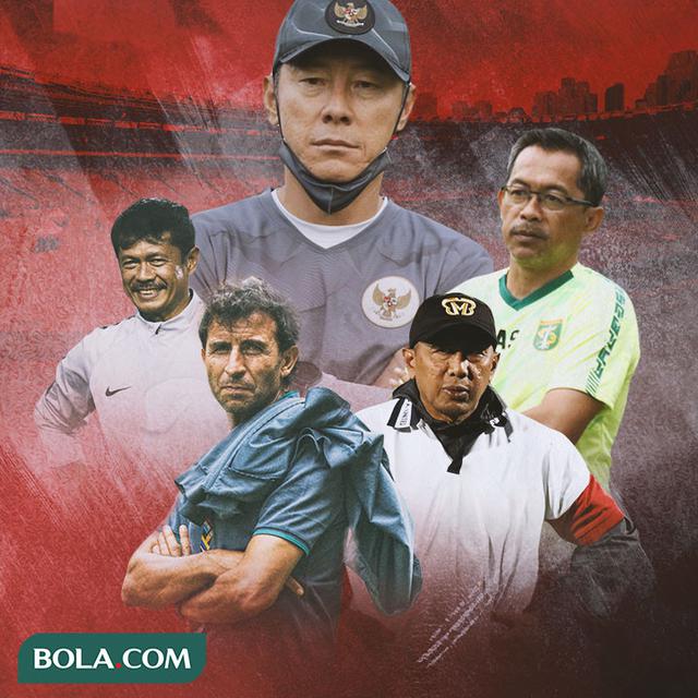 Timnas Indonesia - Shin Tae-yong dikelilingi Rahmad Darmawan, Aji Santoso, Luis Milla, Indra Sjafri