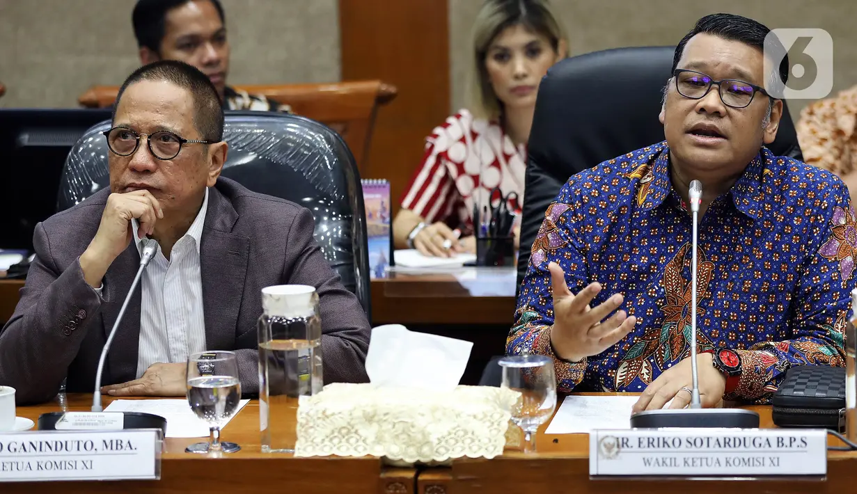 Ketua Komisi XI DPR RI Dito Ganinduto (kiri) dan Wakil Ketua Komisi XI DPR RI Eriko Sotarduga saat konferensi pers di Ruangan Komisi XI, Kompleks Parlemen, Senayan, Jakarta, Selasa (21/1/2019). Komisi XI sepakati membantuk Panja pengawasan kinerja industri jasa keuangan. (Liputan6.com/Johan Tallo)