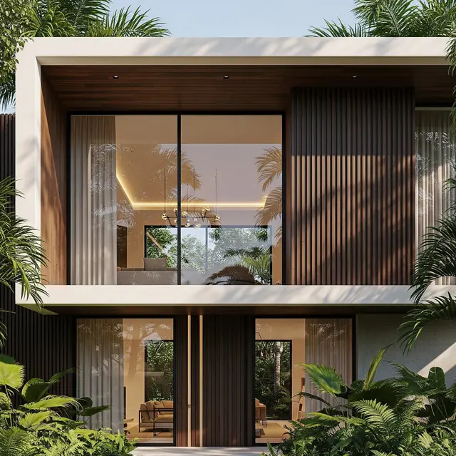 Fasad Modern dari Perpaduan Beton, Kaca, dan Kayu (AI Generated)