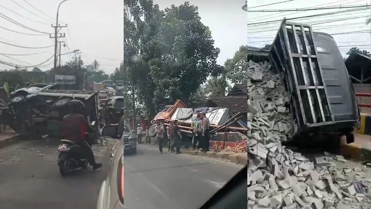 Detik-Detik Truk Fuso Rem Blong Tabrak Pikap Pengangkut Batako di Pesawaran, Kendaraan Terperosok ke Irigasi