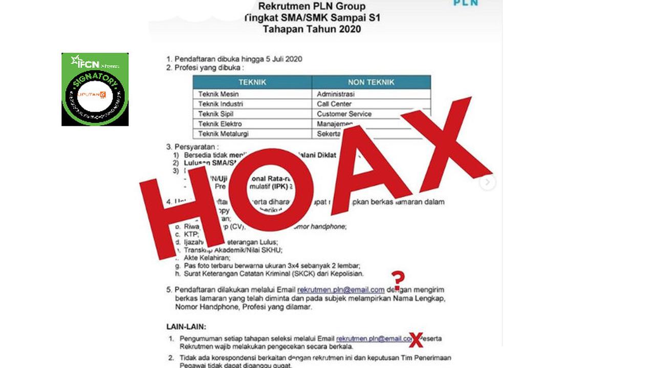 Tidak Benar Surat Rekrutmen Pegawai PLN Lulusan Setingkat SLTA Hingga S1 Tahapan 2020