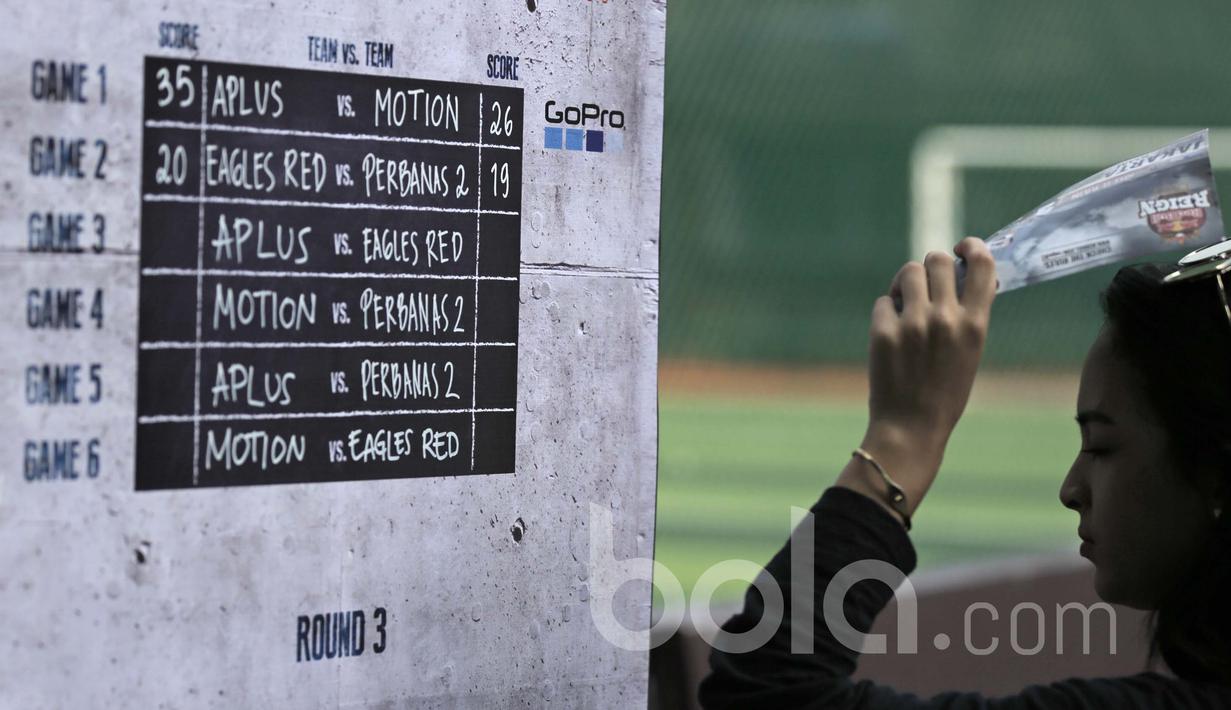 Penonton menyaksikan jadwal dan hasil pertandingan turnamen basket Red Bull Reign 3x3 di Lapangan Pati Unus Jakarta, Sabtu (15/4/2017). (Bola.com/Peksi Cahyo)