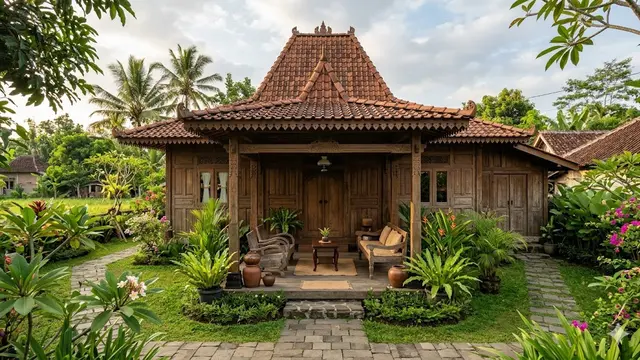 Rumah Joglo Sederhana dengan Teras dan Taman