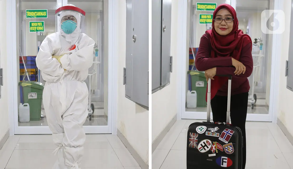 Perawat Nurlaila (43) berpose dengan Alat Perlindung Diri (APD) dan koper saat di jumpai di Rumah Sakit Haji, Jakarta. Ela selain menangani pasien Covid-19 ia mempunyai hobi traveling. (Liputan6.com/Herman Zakharia)