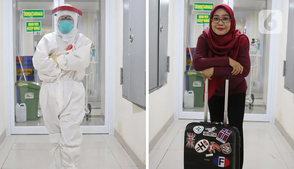 Perawat Nurlaila (43) berpose dengan Alat Perlindung Diri (APD) dan koper saat di jumpai di Rumah Sakit Haji, Jakarta. Ela selain menangani pasien Covid-19 ia mempunyai hobi traveling. (Liputan6.com/Herman Zakharia)
