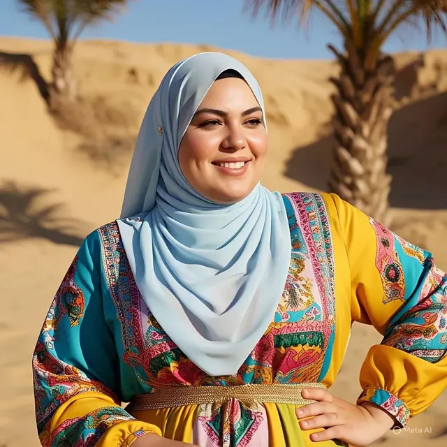 Outfit Casual Wanita Hijab Gemuk dengan Blouse Warna Vibrant Beraksen Pinggang
