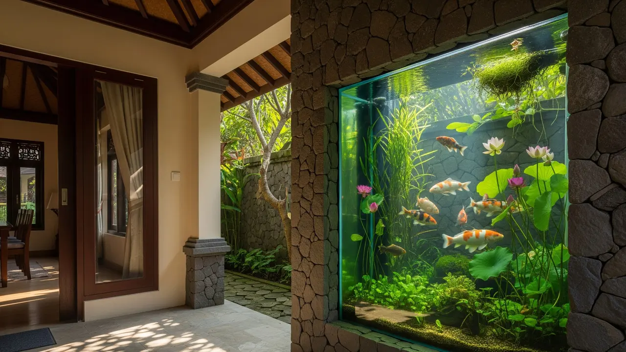 Desain Rumah Kecil dengan Kolam Ikan Mini di Dinding