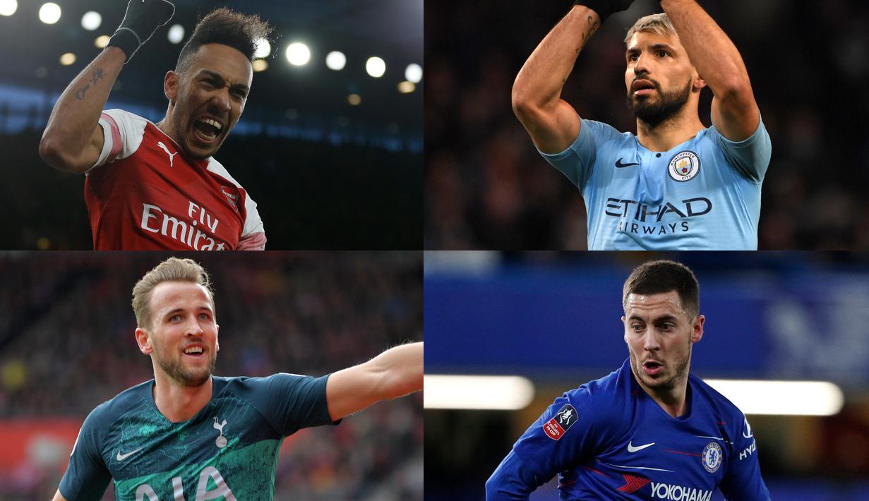 Pierre-Emerick Aubameyang mulai mendekati Sergio Aguero sebagai pencetak gol terbanyak Premier League hingga pekan ke-30. Aubamyeang berada di peringkat tiga selisih satu gol dengan Aguero di puncak (Kolase Foto AFP)