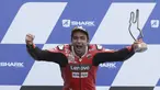 Pembalap Ducati Danilo Petrucci melakukan selebrasi usai memenangi balapan MotoGP Prancis 2020 di Le Mans, Prancis, Minggu (11/10/2020). Danilo Petrucci menjadi yang tercepat disusul Alex Marquez dan Pol Espargaro. (AP Photo/David Vincent)