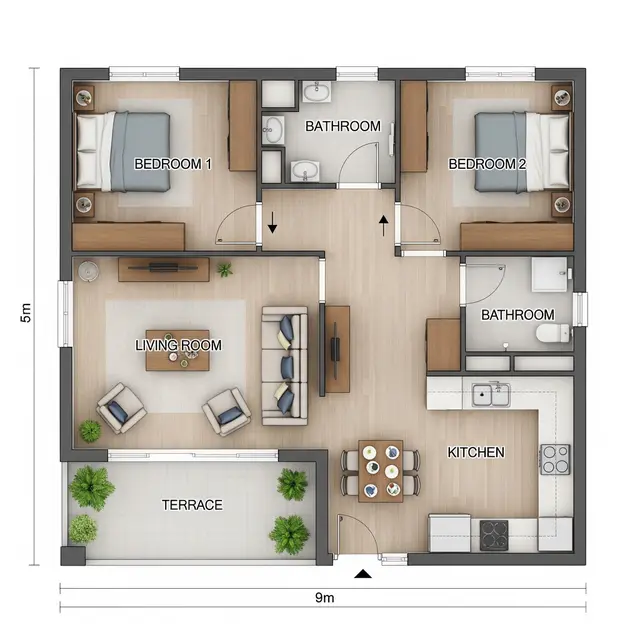 Denah Rumah 5x9 dengan 2 Kamar Tidur