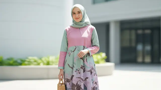 Gamis Batik dengan Kombinasi Polos Warna Pastel