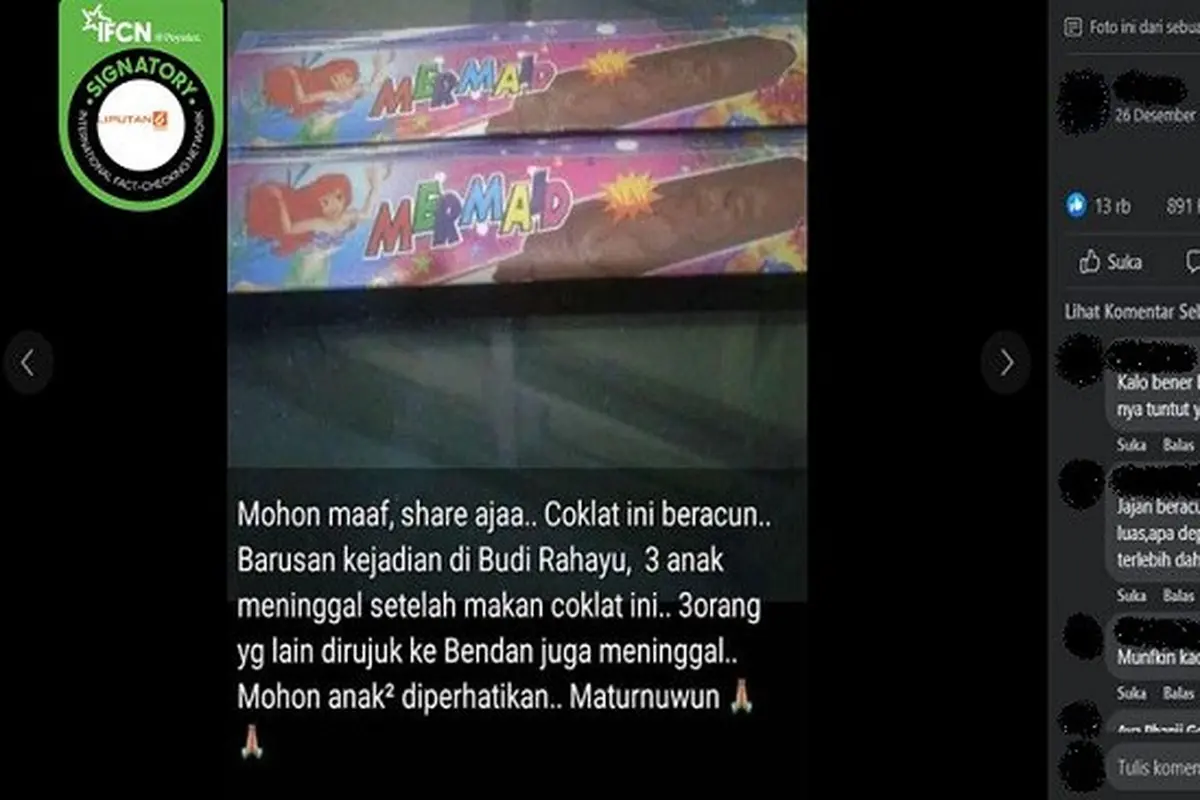 Gambar Tangkapan Layar Kabar Tentang Coklat Mermaid Mengandung Racun (sumber: Facebook).