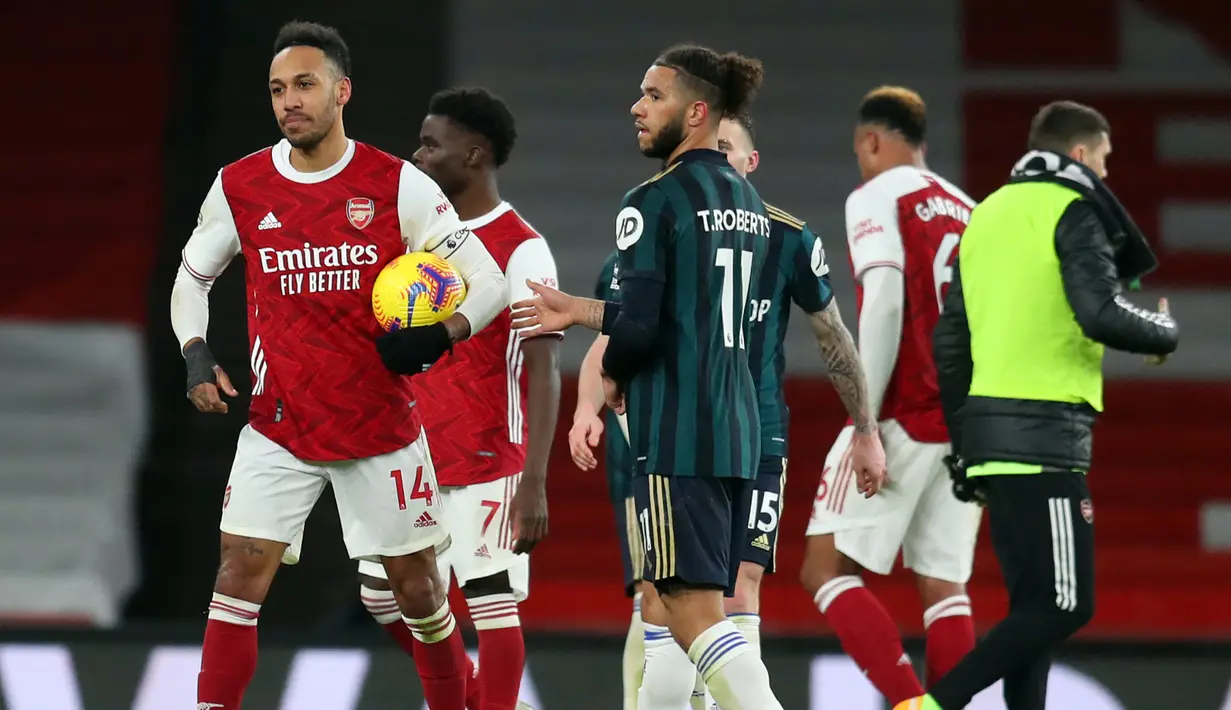 Bersama Arsenal yang diperkuat selama 5 musim, mulai tengah musim 2017/2018 hingga tengah musim 2021/2022 ia mencetak 1 kali hattrick saat menang 4-2 atas tamunya Leeds United di pekan ke-24 Premier League musim 2020/2021, 14 Februari 2021. (AFP/Pool/Catherine Ivill)