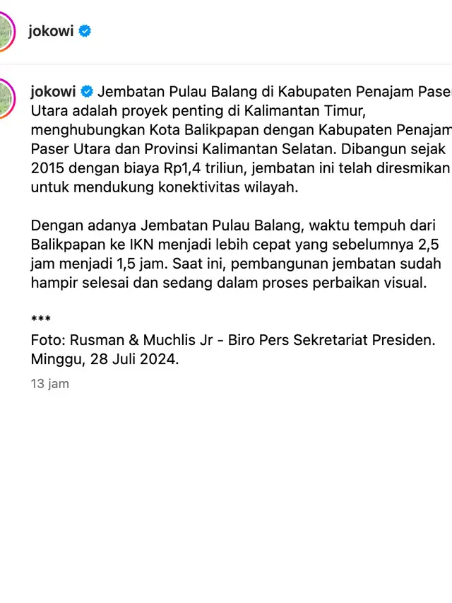 Unggahan Presiden Jokowi. (Foto: Dok. Instagram @jokowi)