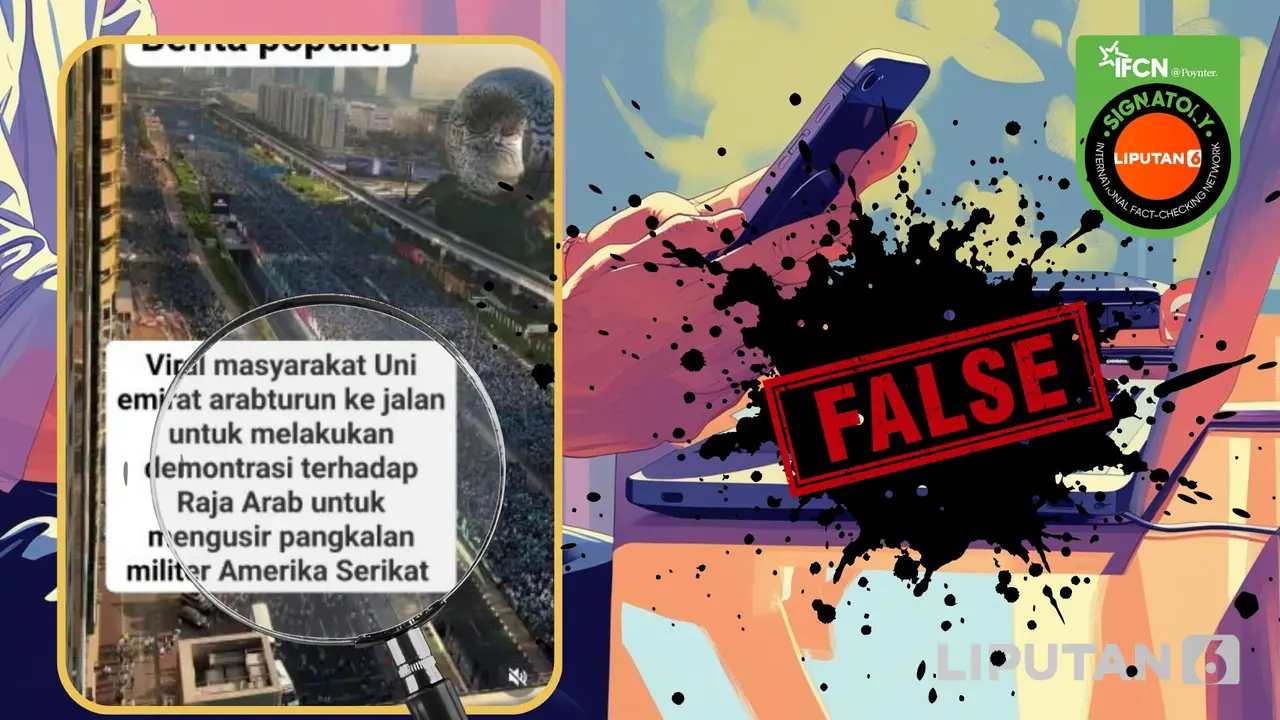 Cek Fakta Liputan6.com menangkap layar klaim video masyarakat Dubai demonstrasi menuntut pengusiran pangkalan militer AS dari Arab