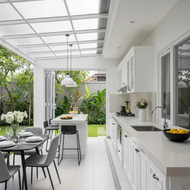 Ide Dapur Semi Outdoor dengan Taman Belakang