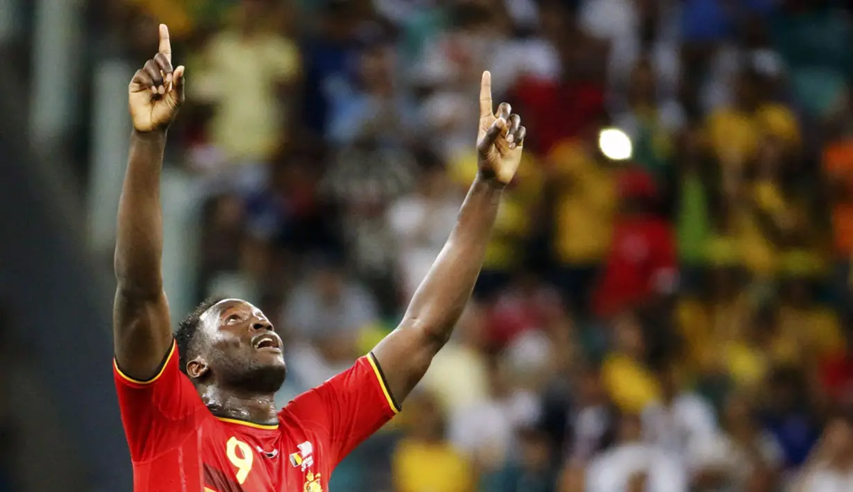 Selebrasi pemain depan Timnas Belgia, Romelu Lukaku, usai mencetak gol ke gawang AS di laga 16 besar Piala Dunia 2014 di Stadion Fonte Nova, Salvador, (2/7/2014). (REUTERS/Sergio Moraes) 