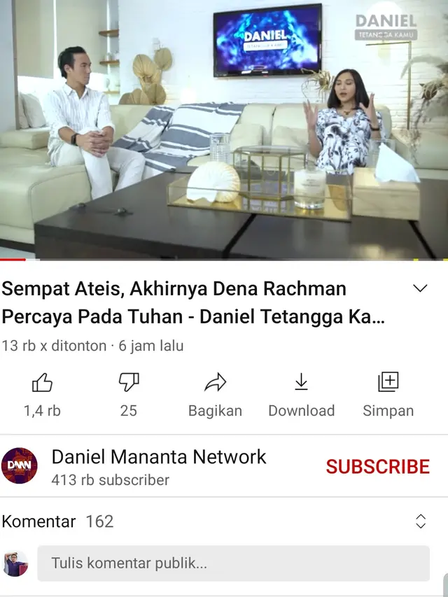 Denna Rachman dalam unggahan Daniel Mananta. (Foto: YouTube Daniel Mananta Network)