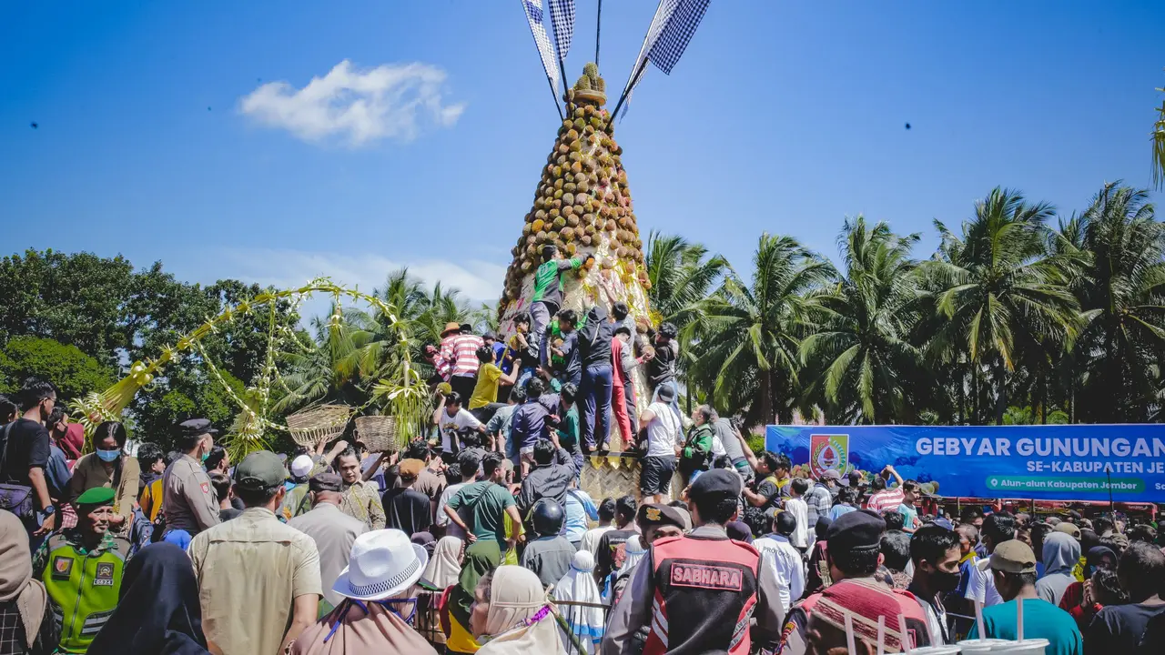 Warga Jember berebut gunungan durian  di alun- alun  Jember (Istimewa)