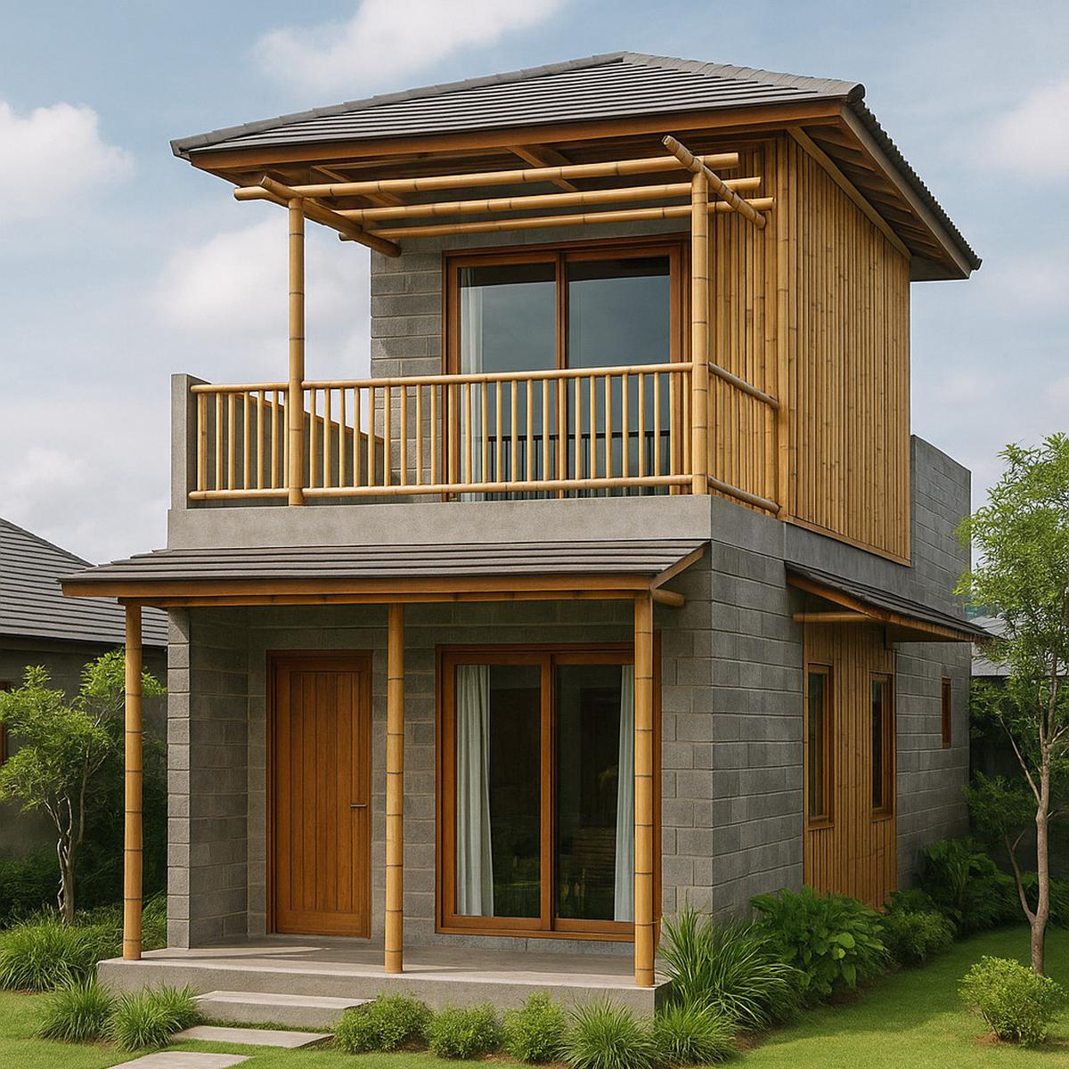 Ilustrasi Rumah Bambu dan Batako Dua Lantai